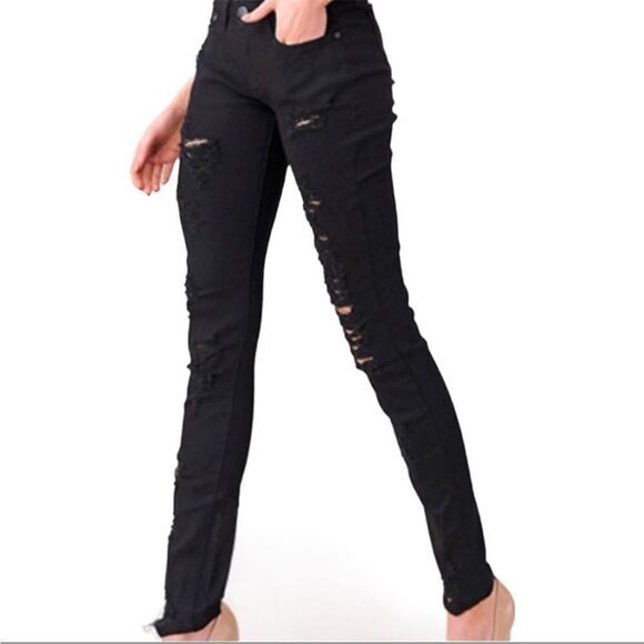 Black Ripped Super Stretch Skinny Jeans Junior Cut Plus Size NEW - Picture 3 of 4